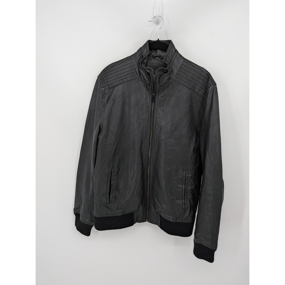 Jack Jones Leather Jacket Mens Medium‎ Black Moto Bomber Coat Biker Edgy Quality